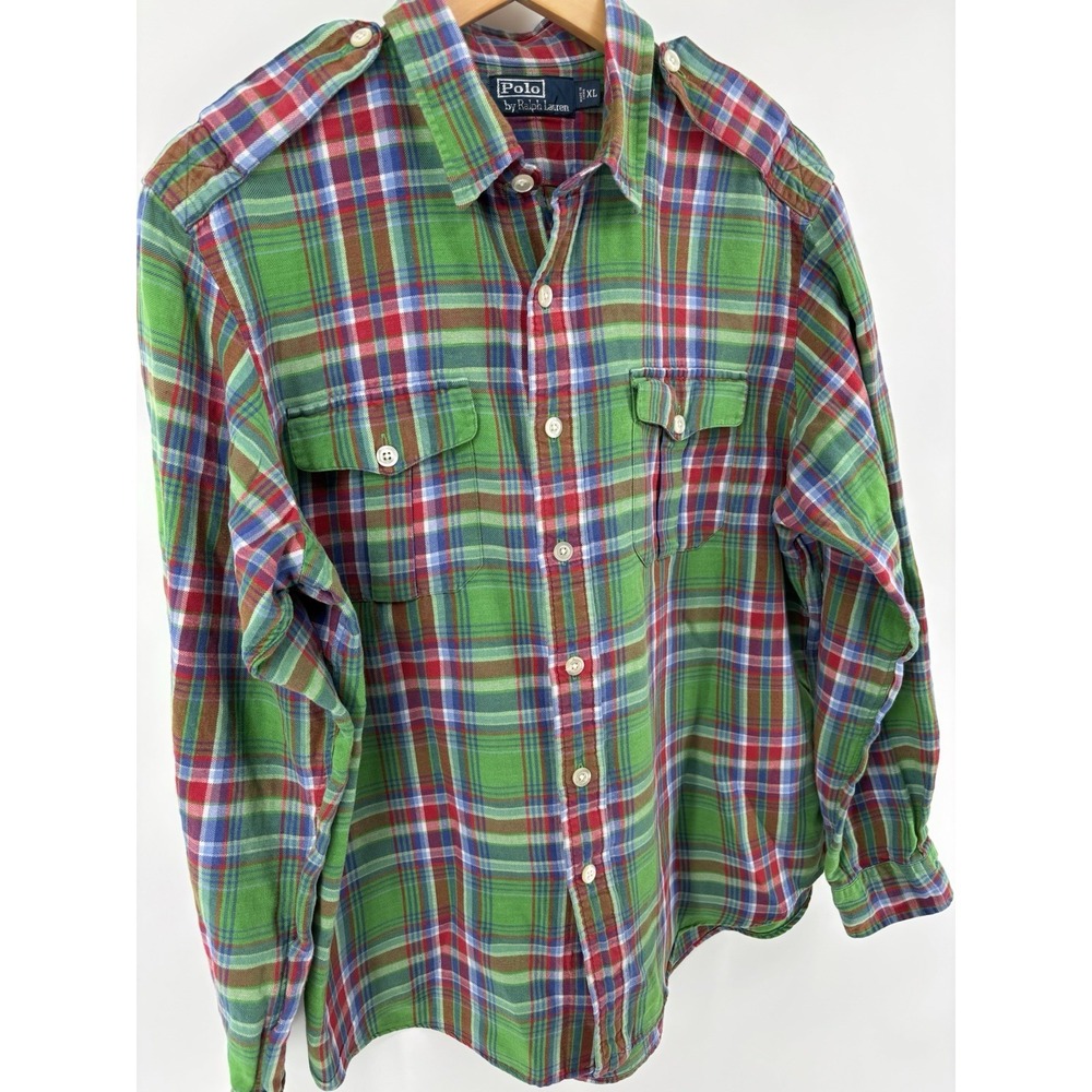 VTG Polo Ralph Lauren Shirt Men's XL Tartan Plaid Linen Silk Preppy Dadcore Chic